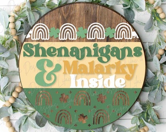 Shenanigans sign SVG, St Patricks Day door hanger, Shamrock Welcome sign SVG, lucky rainbow round door sign, Glowforge SVG, laser cut file