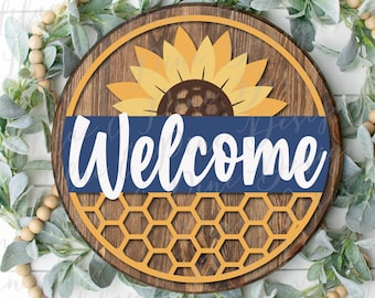 Sunflower honeycomb welcome sign, summer decor SVG, welcome SVG, round wood sign, farmhouse decor, Cricut SVG, Glowforge Svg, laser cut file