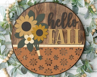Hello fall door hanger, Pretty fall welcome sign SVG, sunflower round sign,  autumn floral door hanger SVG, Glowforge SVG, laser cut file