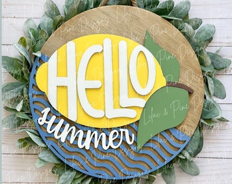 Hello summer door hanger, lemon welcome sign SVG, lemon round sign, Summer laser design, summer porch decor, Glowforge SVG, laser cut file