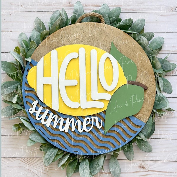 Hello summer door hanger, lemon welcome sign SVG, lemon round sign, Summer laser design, summer porch decor, Glowforge SVG, laser cut file