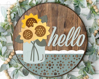 Hello sunflower door hanger SVG, fall welcome sign SVG, summer sign, floral sign, door hanger pattern, Glowforge SVG, laser cut file