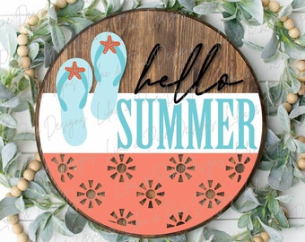 Hello Summer flip flop round sign, summer door decor SVG, sunshine SVG, summer porch decor svg, beach SVG, Glowforge Svg, laser cut file