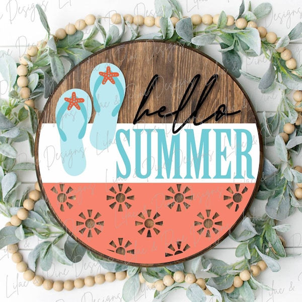 Hello Summer flip flop round sign, summer door decor SVG, sunshine SVG, summer porch decor svg, beach SVG, Glowforge Svg, laser cut file