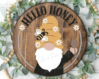 Hello Honey sign SVG, Gnome door hanger svg, Bee Welcome sign SVG,  round Summer sign, porch decor, Cricut, Glowforge SVG, laser cut file