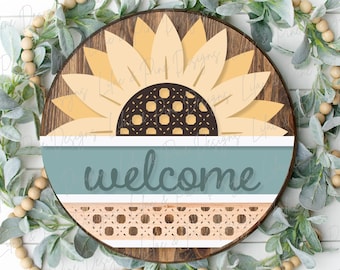 Sunflower door hanger SVG, Sunflower welcome sign SVG, Rattan door hanger, Summer decor, Fall decor, round wood sign, Glowforge laser SVG