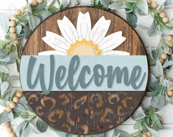 daisy welcome sign, leopard door hanger, floral porch decor SVG, leopard welcome SVG, daisy door hanger, Glowforge Svg, laser cut file