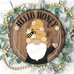 Bonjour miel signe SVG, svg d'accroche-porte gnome, signe de bienvenue abeille SVG, signe d'été rond, décoration de porche, Cricut, Glowforge SVG, fichier découpé au laser