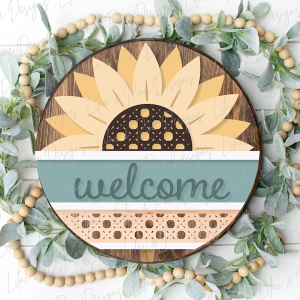 Sunflower door hanger SVG, Sunflower welcome sign SVG, Rattan door hanger, Summer decor, Fall decor, round wood sign, Glowforge laser SVG