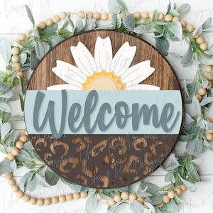 daisy welcome sign, leopard door hanger, floral porch decor SVG, leopard welcome SVG, daisy door hanger, Glowforge Svg, laser cut file