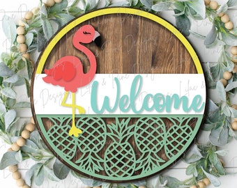 Flamingo Pineapple Welcome sign, Summer sign, summer door decor, Flamingo SVG, summer porch sign, pineapple SVG, Glowforge, laser cut file