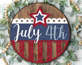 Patriotic Welcome round sign, July 4th door decor SVG, Stars and Stripes SVG, Independence Day porch sign svg, Glowforge Svg, laser cut file