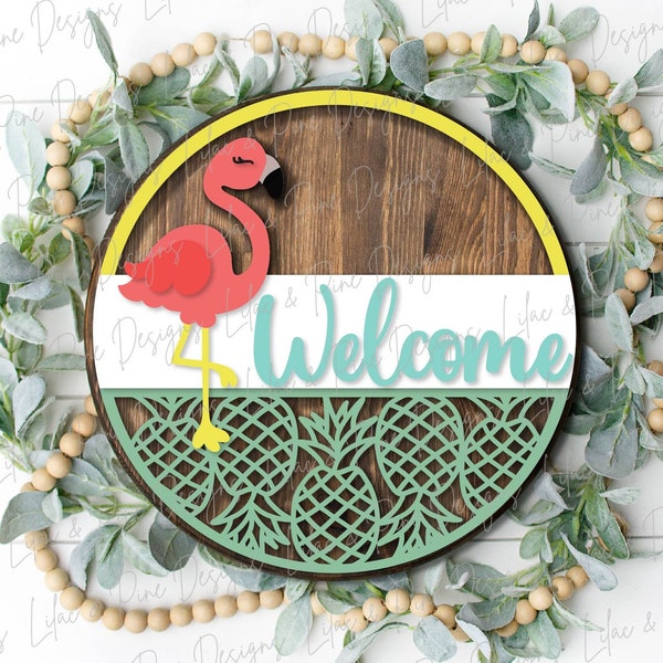 Panneau de bienvenue flamant rose ananas, panneau d'été, décoration de porte d'été, flamant rose SVG, panneau de porche d'été, ananas SVG, Glowforge, fichier découpé au laser