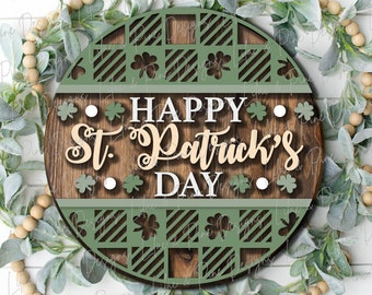 Happy St Patricks Day door hanger, shamrock door hanger, buffalo plaid round sign, shamrock SVG, St Paddy decor, Glowforge file, laser svg