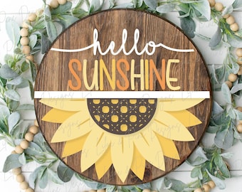 Sun Welcome sign svg, hello sunshine SVG, Summer door hanger, Sunshine porch sign SVG, summer decor, round wood sign, Glowforge laser SVG