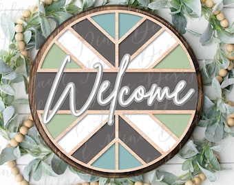 Welcome quilt SVG, round door hanger, boho last name sign, Glowforge SVG, laser cut file