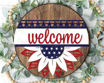 4th of July sunflower welcome sign SVG, Patriotic Fourth of July decor, Cricut and laser summer door hanger Independence Day laser cut files
