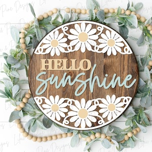 Accroche-porte Marguerite SVG, Bonjour soleil, accroche-porte floral d'été SVG, panneau de bienvenue fleur, décoration de porche marguerite, Glowforge SVG, fichier découpé au laser