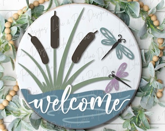 Dragonfly door hanger SVG, welcome sign SVG, Summer welcome svg, Summer porch sign svg, cattail svg, Glowforge cut file, laser SVG file