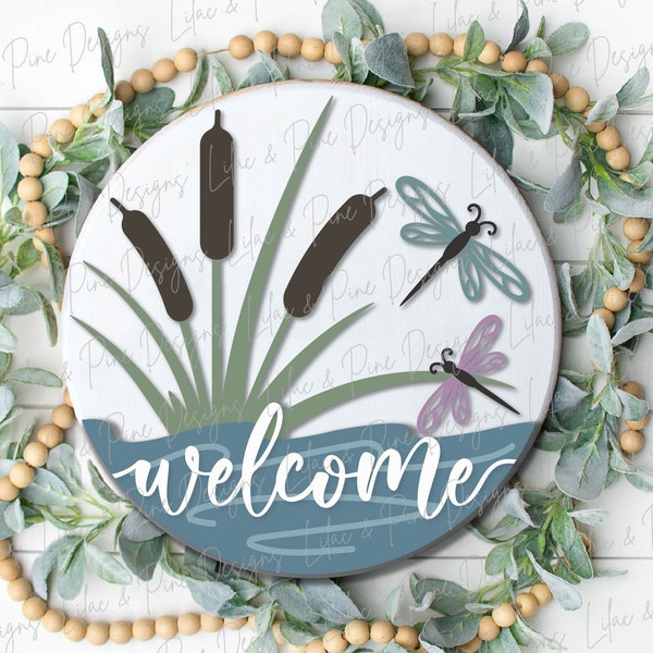 Dragonfly door hanger SVG, welcome sign SVG, Summer welcome svg, Summer porch sign svg, cattail svg, Glowforge cut file, laser SVG file