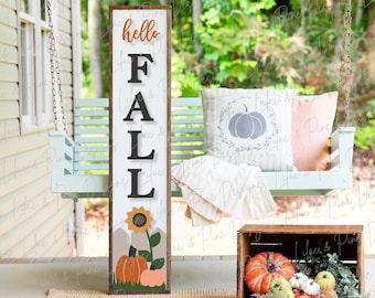 Hello Fall porch sign SVG, Pumpkin welcome sign SVG, Sunflower and pumpkin porch sign, porch decor, vertical sign svg, Glowforge laser SVG