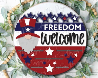 Patriotic Gnome Welcome sign, July 4th door hanger SVG, Uncle Sam Gnome SVG, Independence Day porch sign, Glowforge SVG file, laser cut file