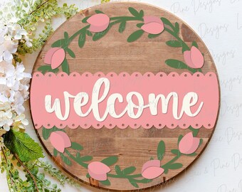 SVG de letrero de bienvenida con tulipanes de primavera, colgador de puerta con tulipanes, SVG de bienvenida floral, decoración floral, plantilla láser de primavera, SVG Glowforge, archivo de corte láser