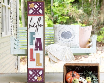 Hello Fall porch sign SVG, Fall welcome sign SVG, fall leaves svg, Plaid porch sign, fall porch decor, vertical sign, Glowforge laser SVG