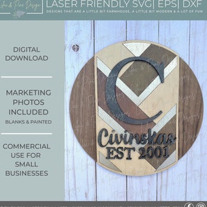 May include: A laser-cut wooden sign with a chevron pattern in brown, beige, and silver. The sign features a large letter "C" and the text "Civinskas EST 2001".