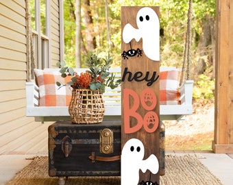 Halloween porch sign SVG, Hey Boo porch sign SVG, Boo welcome SVG, Ghost welcome sign, Spider svg, vertical sign svg, Glowforge laser Svg