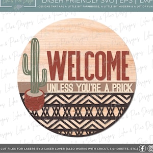 Letrero de cactus bohemio SVG, colgador de puerta de cactus, letrero de bienvenida occidental SVG, letrero de bienvenida de cactus SVG, letrero de porche SVG, Glowforge Svg, archivo cortado con láser