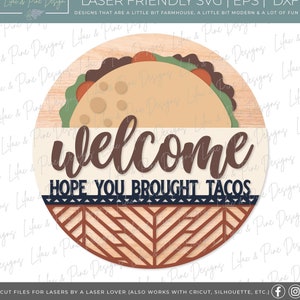 Signe de bienvenue tacos SVG, signe de style sud-ouest, cuisine mexicaine svg, cinco de mayo SVG, accroche-porte drôle SVG, Glowforge Svg, fichier découpé au laser