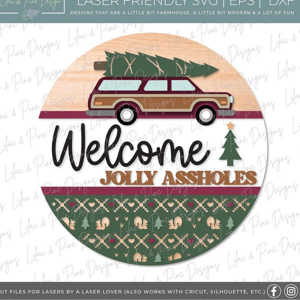 Jolly Assholes sign SVG, Christmas welcome sign SVG, Snarky Christmas door hanger SVG, Funny Christmas sign, Glowforge Svg, laser cut file