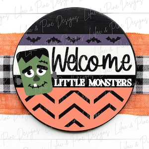 Signe Frankenstein SVG, Bienvenue petits monstres SVG, Frankie Svg, signe d'Halloween, Frankenstein rond, fichier découpé au laser, Glowforge SVG