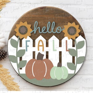 Colgador de puerta "Hola Otoño" SVG, Letrero de bienvenida de girasol SVG, Colgador de puerta de calabaza SVG, Decoración de porche de otoño, Otoño SVG, Glowforge SVG, archivo cortado con láser