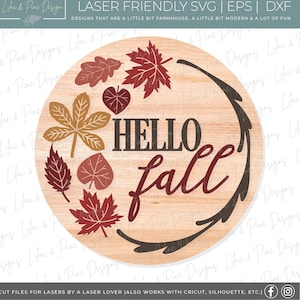 Accroche-porte automne Bonjour SVG, signe de bienvenue automne, feuilles d'automne rond accroche-porte, décoration de porche automne, signe rond automne svg, SVG laser Glowforge