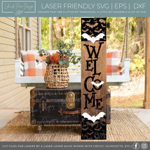 Halloween porch sign SVG, Halloween welcome sign SVG, Bats welcome sign SVG, Halloween porch decor, vertical sign svg, Glowforge laser Svg