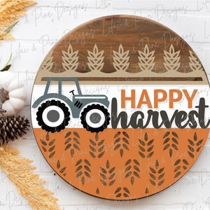 Accroche-porte Happy Harvest SVG, panneau de bienvenue automne SVG, accroche-porte rond tracteur, décoration de porche automne, enseigne de ferme automne, SVG laser Glowforge