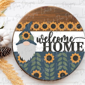 Colgador de puerta de girasol SVG, Letrero de bienvenida de girasol SVG, Colgador de puerta de gnomo SVG, Bienvenido a casa SVG, Decoración de porche de otoño SVG, Láser Glowforge SVG