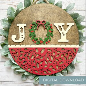 Signo de bienvenida de alegría SVG, colgador de puerta de Navidad, letrero de puerta de alegría, letrero de porche de vacaciones, decoración de Navidad, letrero redondo, Glowforge SVG, archivo cortado con láser