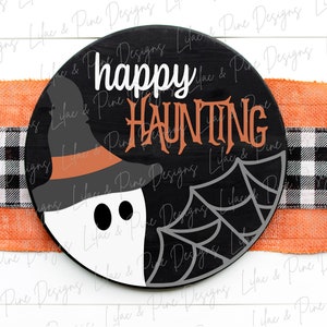 Halloween welcome sign SVG, ghost door hanger SVG, spiderweb door hanger SVG, happy haunting sign svg, Glowforge Svg, laser cut file