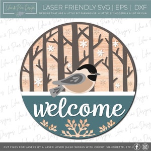 Mésange bienvenue SVG, signe de bienvenue d'hiver, SVG d'accroche-porte de Noël, accroche-porte d'hiver, oiseau des neiges svg, Glowforge Svg, fichier découpé au laser