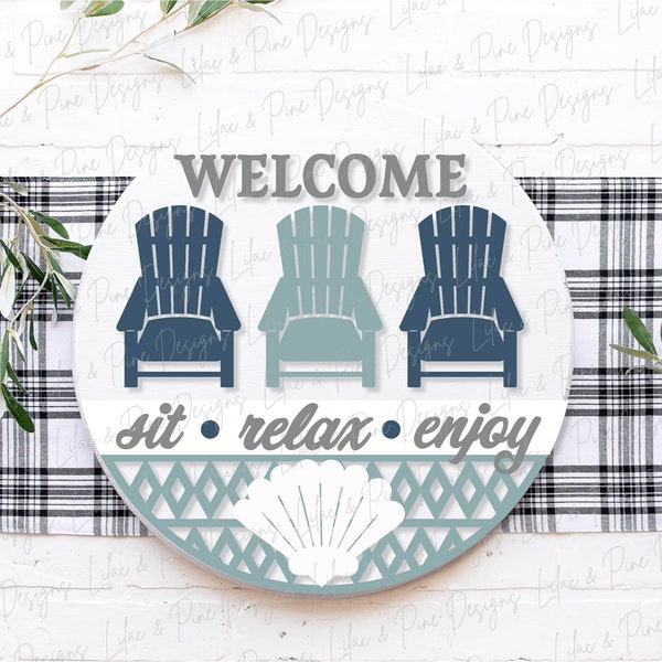 Adirondack chair door hanger SVG, welcome sign SVG, Summer welcome svg, Summer porch sign, beach sign svg, Glowforge Svg, laser cut file