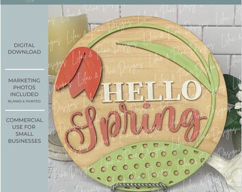 Accroche-porte Hello Spring, panneau de bienvenue tulipe, panneau rond floral, panneau de fleur de printemps, modèle de fête de panneau, Glowforge SVG, fichier découpé au laser