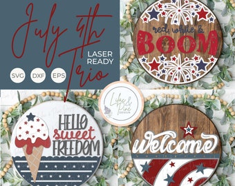 July 4th sign bundle, patriotic door hanger SVG, Independence Day welcome sign SVG, Fourth of July porch sign, glowforge svg, laser cut file