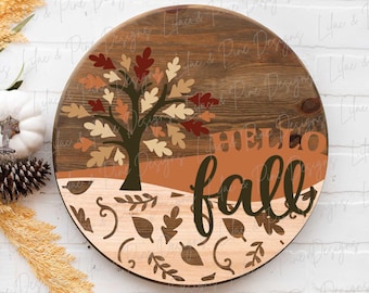Hello fall door hanger SVG, oak leaf welcome sign SVG, fall porch decor, fall leaves round sign, sign pattern, Glowforge SVG, laser cut file