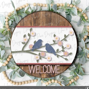 Pájaros en la percha de la puerta de la rama SVG, signo de bienvenida de primavera, flor de manzana svg, flor de cerezo SVG, decoración de primavera, Glowforge Svg, archivo cortado por láser