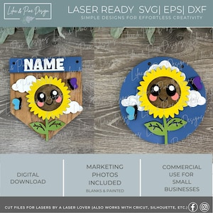 Artisanat tournesol mignon enfants SVG - enseigne de nom de style bannière - projet d'été pour enfants - téléchargement numérique - fichier découpé au laser - Glowforge SVG