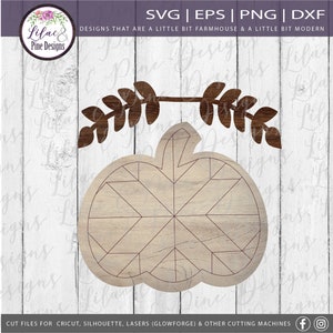 May include: A digital cut file design of a pumpkin with a leafy garland above it. The pumpkin is made up of a patchwork of squares and the garland has brown leaves. The design is on a white woodgrain background.