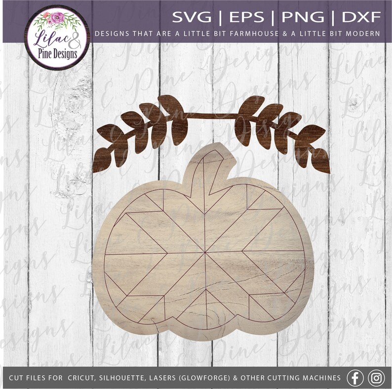 May include: A digital cut file design of a pumpkin with a leafy garland above it. The pumpkin is made up of a patchwork of squares and the garland has brown leaves. The design is on a white woodgrain background.